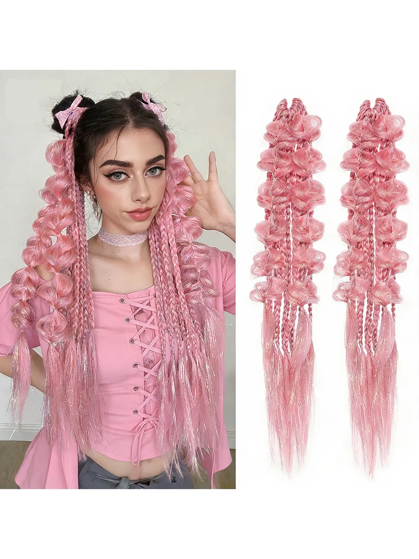 2 Bow Bubble Braided Ponytail Wigs, Peach Glitter Handmade Hair Extensions, Hairpieces, 24 Inch Synthetic Fiber, Women Party Accessories