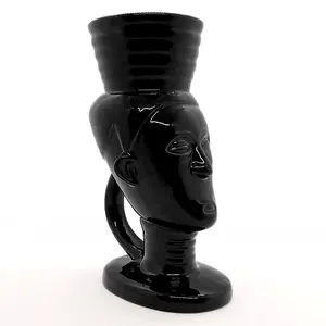 BARCONIC Ceramic Tiki Mug - Polynesian Queen Design, Black Kitchen Drinkware Cup