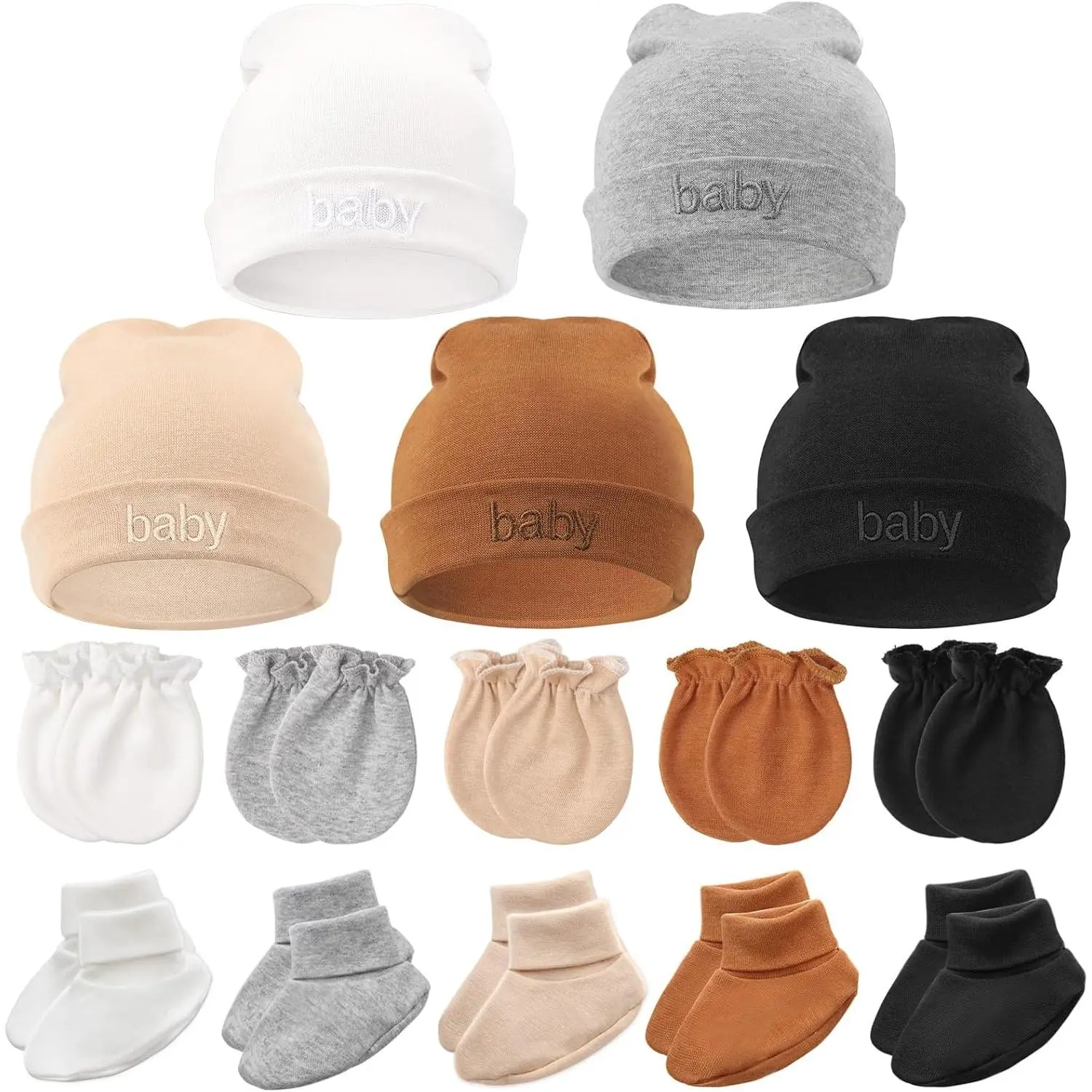 3-Piece Soft Cotton Baby Clothes Set with Embroidered Beanie, Cozy Anti-Scratch Mittens & Socks, Unisex Essentials for Newborns 0-6 Months, Newborn Baby Stuff, Minimalist, Hand Wash
