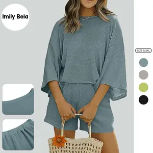Imily Bela Womens Short Sets 2 Piece Outfits 3/4 Sleeve Tops and Elastic Waist Shorts Lounge Set Casual Loungewear