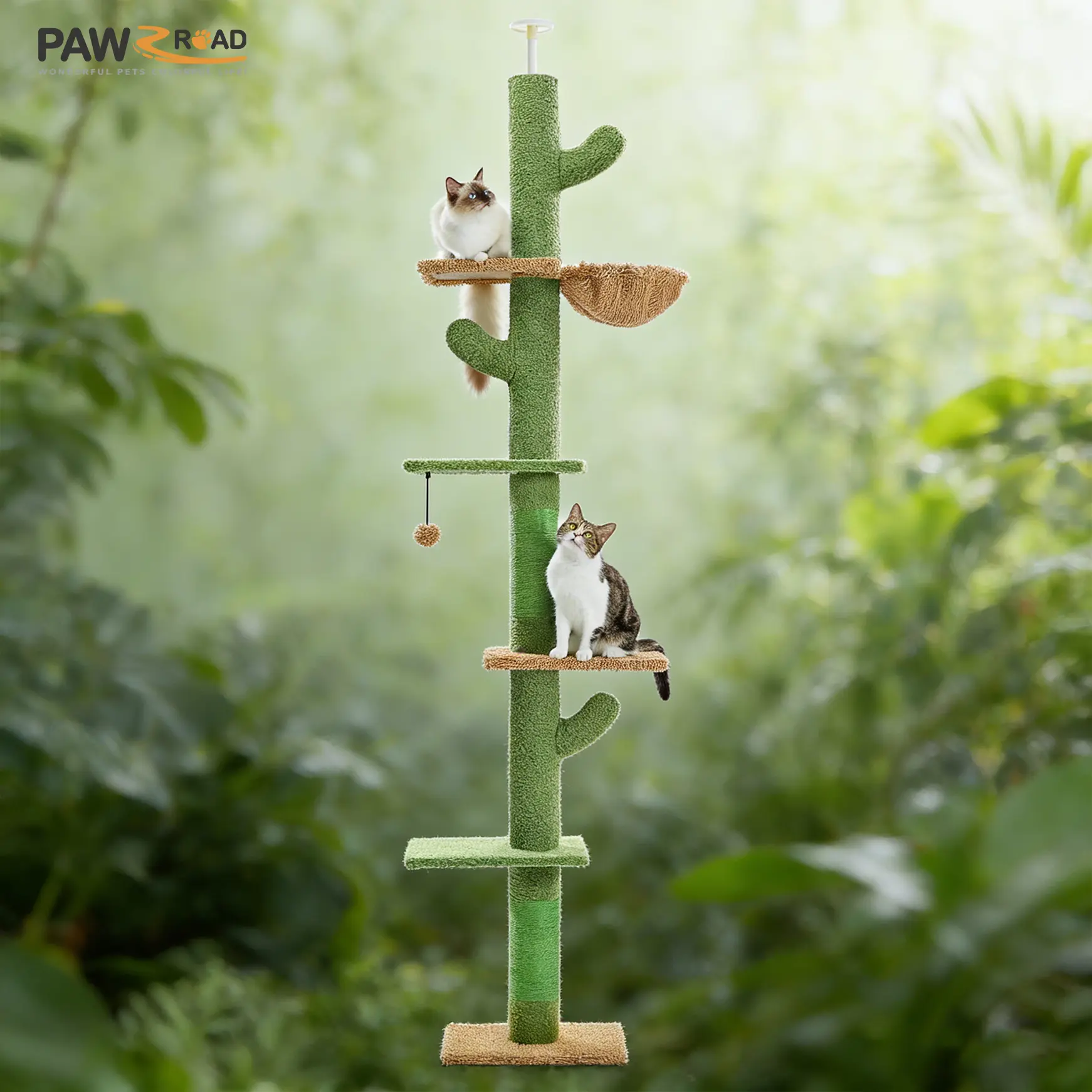 PAWZ Road Cactus/Gothic/Leopard Cat Tree Floor to Ceiling Cat Tower with Adjustable Height, 5 Tiers Cat Climbing Activity Center with Cozy Hammock, Platforms and Dangling Balls for Indoor Cats#DealsForYouDays