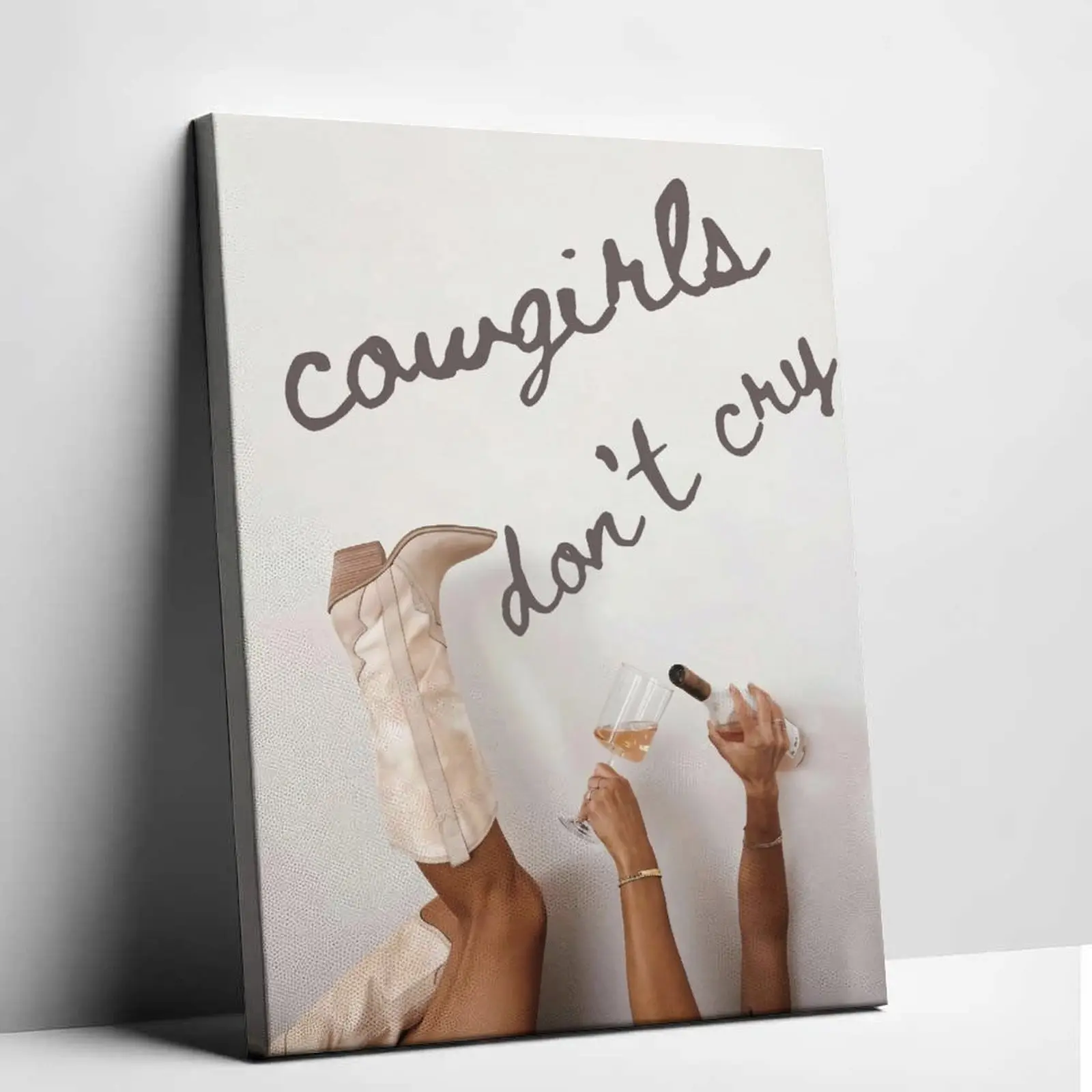 Artistic Western-Style Pink Cowgirl Boots Canvas Print Wall Art - "Cowgirls Don't Cry" Preppy Painting, Modern Western Decor for Teen Girls with Funky Home Touch, Living Room Wall Decoration