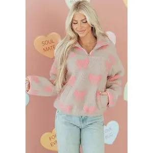 Gray Bow Sherpa Quarter Zip Drop Shoulder Baggy Sweatshirt