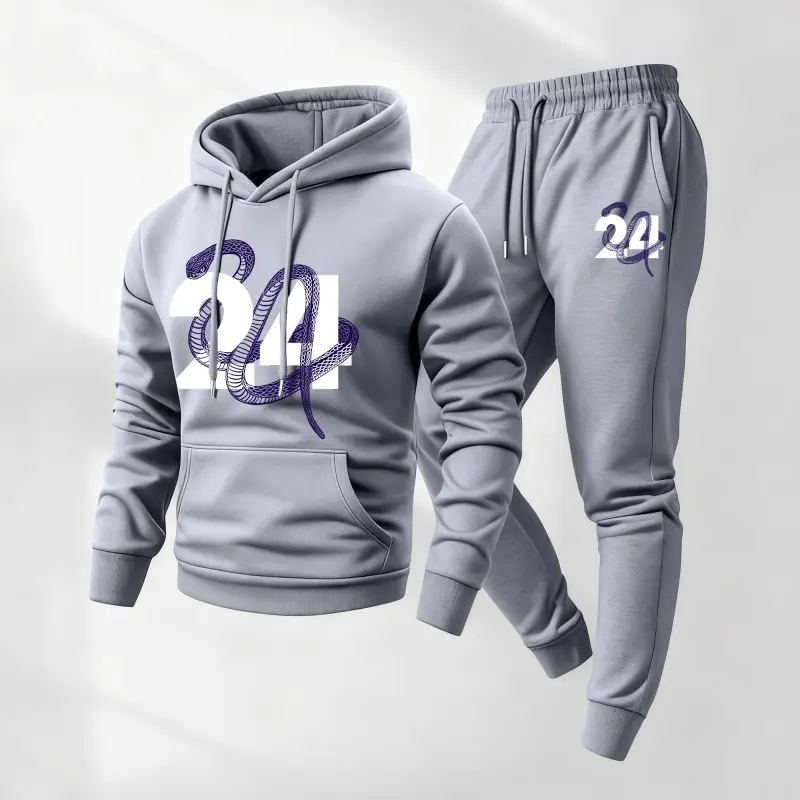 Men's Black Mamba Print Hoodie and Drawstring Sweatpants Set, Menswear, Casual Athletic Long Sleeve Hooded Jacket & Trousers for Fall & Winter, Men's Clothing for Daily Wear, Sportswear Indoor Outdoor, Tracksuit, Athleisure Summer Clothes