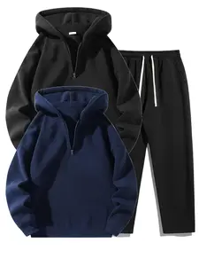 Men's Solid Half Zip Hoodie & Pants Set, Casual Regular Fit Long Sleeve Hooded Sweatshirt & Straight Leg Pants, Men's Fall & Winter Clothes,Airport Outfit