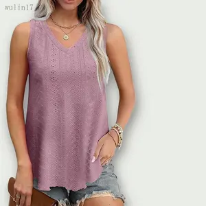 Women's Lady's Sleeveless Eyelet Embroidered Basic Minimalist Tank Top - Rayon Polyester Spandex Blend Clothes, Breathable Scoop Neck, Loose Drape Casual Summer Flowy Top