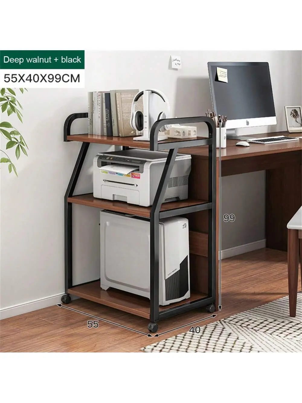 Gaomon 3-Tier Large Sturdy Printer Stand with Lockable Wheels, 0.6" Thick Board Stable Rolling Cart, Multifunctional Home Office Table for 3D/Heat Press/Laser Printers, Nightstand