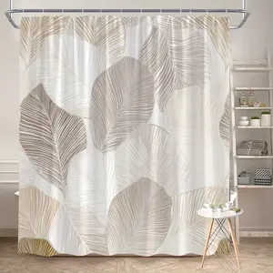 2D Flat 1Pc Modern Plant Leaf Shower Curtain - Beige, brown, and light gray leaf veins on a soft cream background, seamless polyester fabric with hooks, 71x71inch, stylish bathroom decor, bathroom decorations and accessories