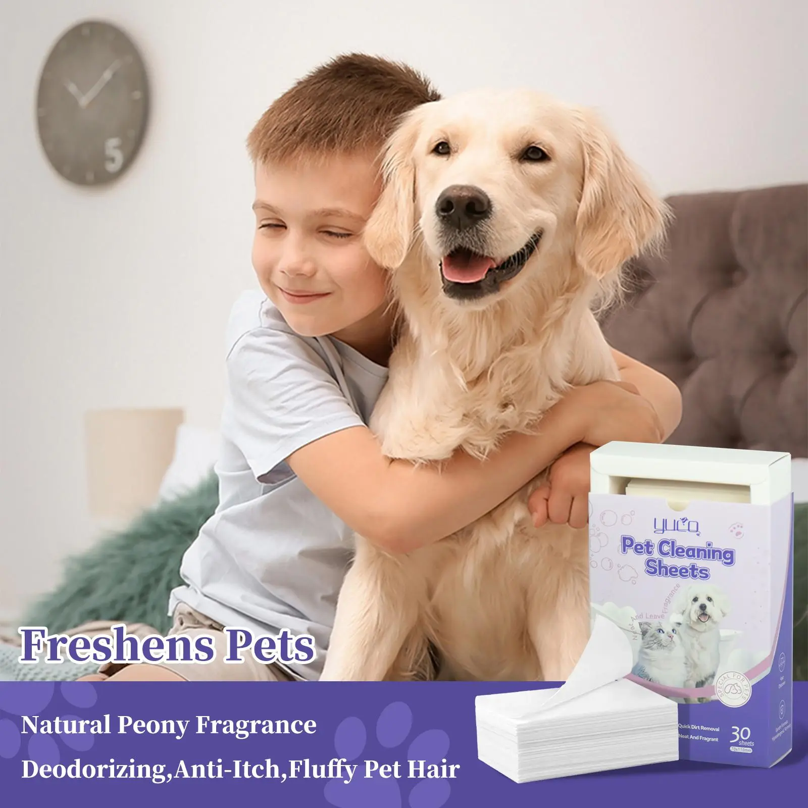 All-Purpose Pet Cleaner Tablets for Dogs & Cats - 1 Box (30 Count) - Hair Stain Removal, Paw Cleaning, Dry Itchy Skin Moisturizing Relief, Freshening Deodorizing