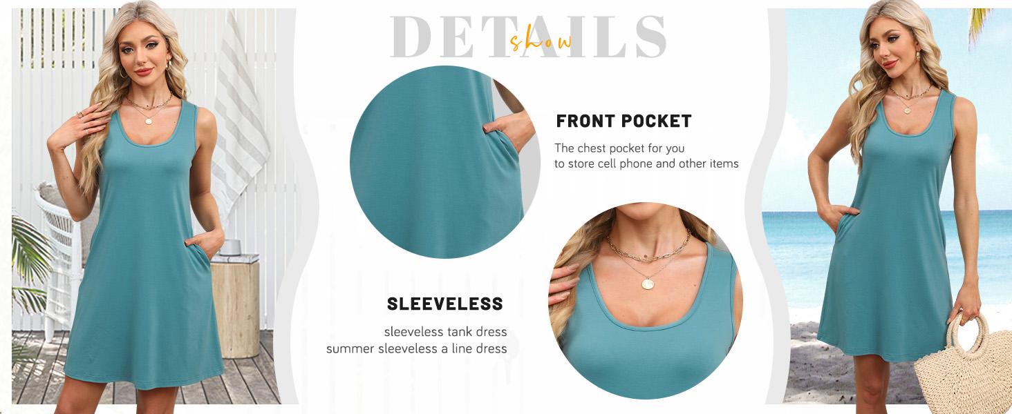 WIHOLL Womens Summer Dresses Loose U Neck Sleeveless Sundresses Dress with Pockets