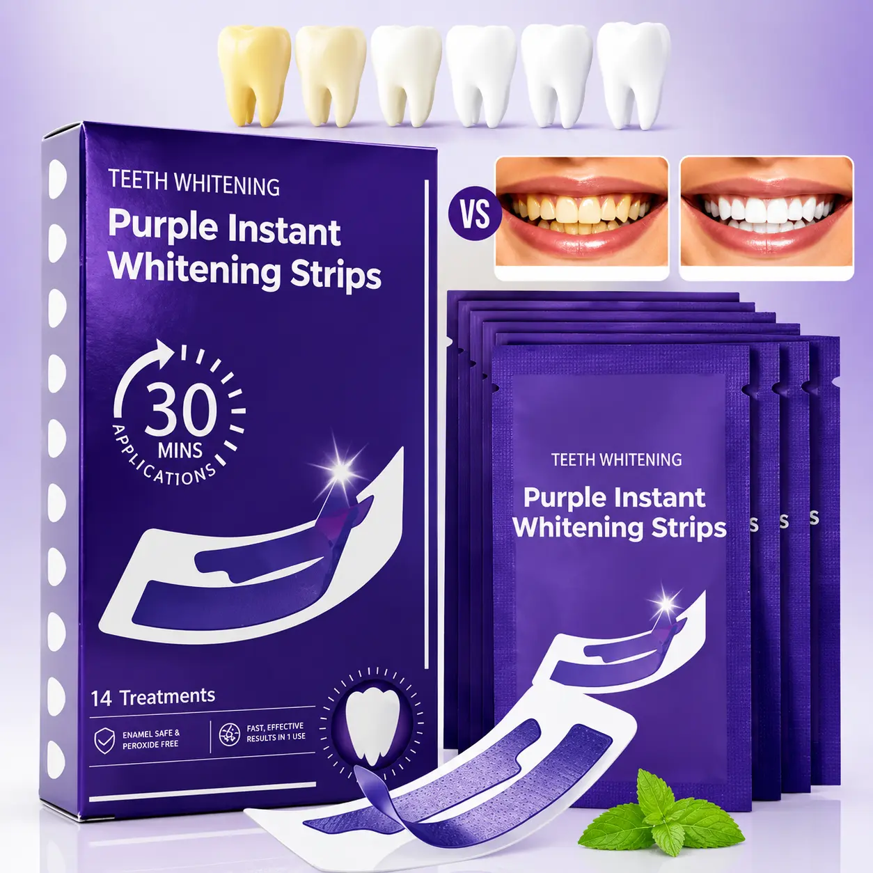Purple Oral Gentle Teeth Whitening Strips - 14 Treatments, 30 Mins Application, Enamel Safe, Peroxide Free, Fast-Effective Results in 1 Use