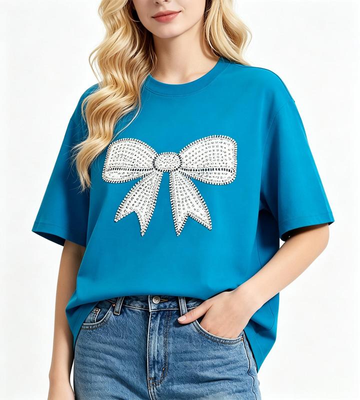 Women's Fitted Rhinestone Bow Graphic Soft Cotton T-Shirt - Y2K Sparkly Oversized Fashion Streetwear, Short Sleeve Elastic Fabric Casual Summer Top, Coquette Aesthetic Shirts for Women (Anniversary, Beach Use)