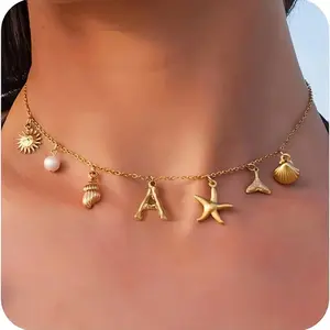 Waterproof Boho Beach Jewelry Initial Necklace Starfish Shell Initial Necklace Stainless Steel