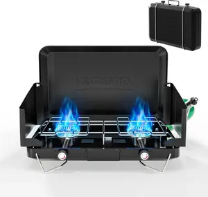 ROVSUN Propane Camping Stove with Adapter, 2/3 Burner Tabletop Portable Propane Camp Stove with Built-in Handle & Foldable Wind Panel for Outdoor Camping, Tailgating, Grilling