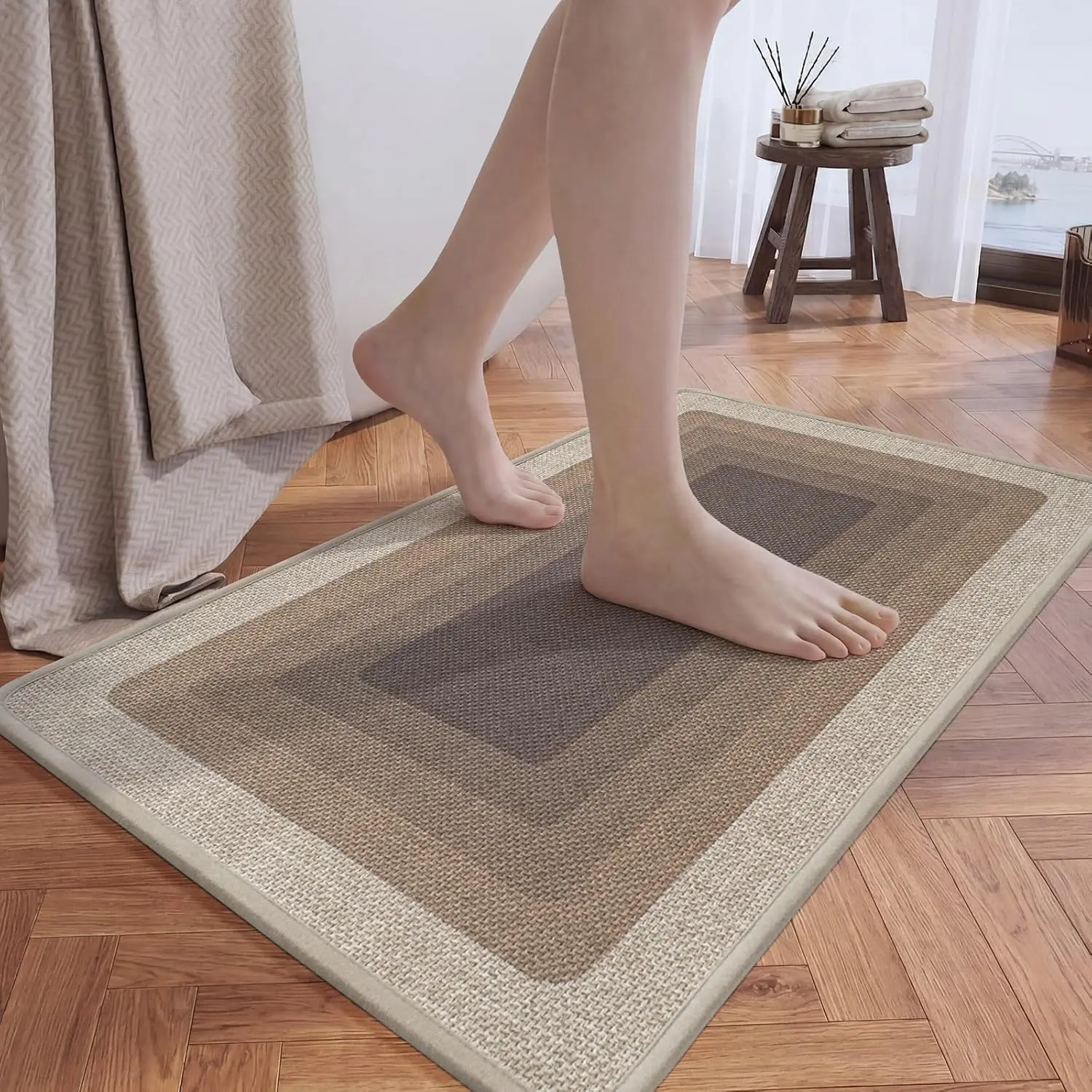 Ultra Thin Bath Mat Bathroom Rugs, Quick Dry Super Absorbent Washable Bath Shower Mats, Rubber Backing Non Slip Bathroom Rug Fit Under Door, Brown 16x24