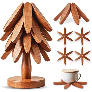 Wooden Tree Trivet Set - 4 Heat-Resistant Sapele  Trivets with Stand for Hot Pots and Pans, Kitchen Countertop Protection, Christmas Tree Design Wooden Pot Holders