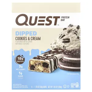 Quest Nutrition Protein Bar, Dipped, Cookies & Cream, 4 Bars, 1.76 oz (50 g) Each Quest Nutrition Protein Bar, Dipped, Cookies & Cream, 4 Bars, 1.76 oz (50 g) Each