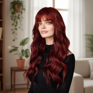 Summervibes Burgundy Wig with Bangs for Women Long Burgundy Wavy Wigs 26 Inch Dark Red Wigs Natural Looking Heat Resistant Synthetic Wig for Daily Party Use
