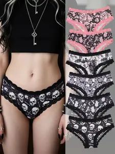 Morvia 6Pcs Alt Girl Gothic Panties Set, Spooky Skull & Witchy Prints, Y2K Grunge Lace Trim Underwear, Dark Aesthetic Seamless Lingerie, Soft Elastic Fit Punk Panty, Cotton Crotch Comfortable Daily Wear, Goth Girl Essentials