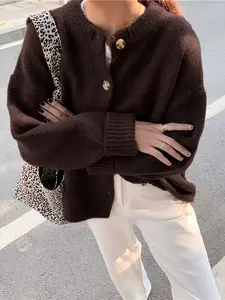 Women's Y2K Style Loose-Fit Hooded Knitted Sweater Coat, Soft Fabric Long Sleeve Casual Outerwear Knitwear for Spring Autumn Winter