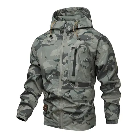 Men's Camo Print Zip Up Drawstring Hooded Jacket, Regular Fit Casual Waterproof Long Sleeve Pocket Outerwear, Men's Fall & Winter Clothes