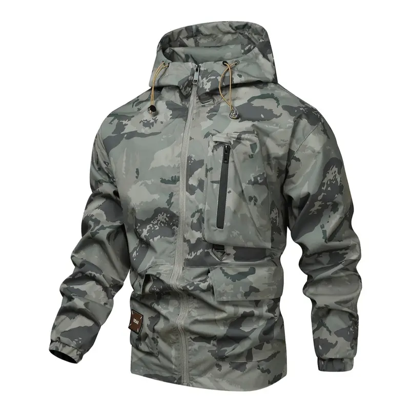 Men's Camo Print Zip Up Drawstring Hooded Jacket, Regular Fit Casual Waterproof Long Sleeve Pocket Outerwear, Men's Fall & Winter Clothes