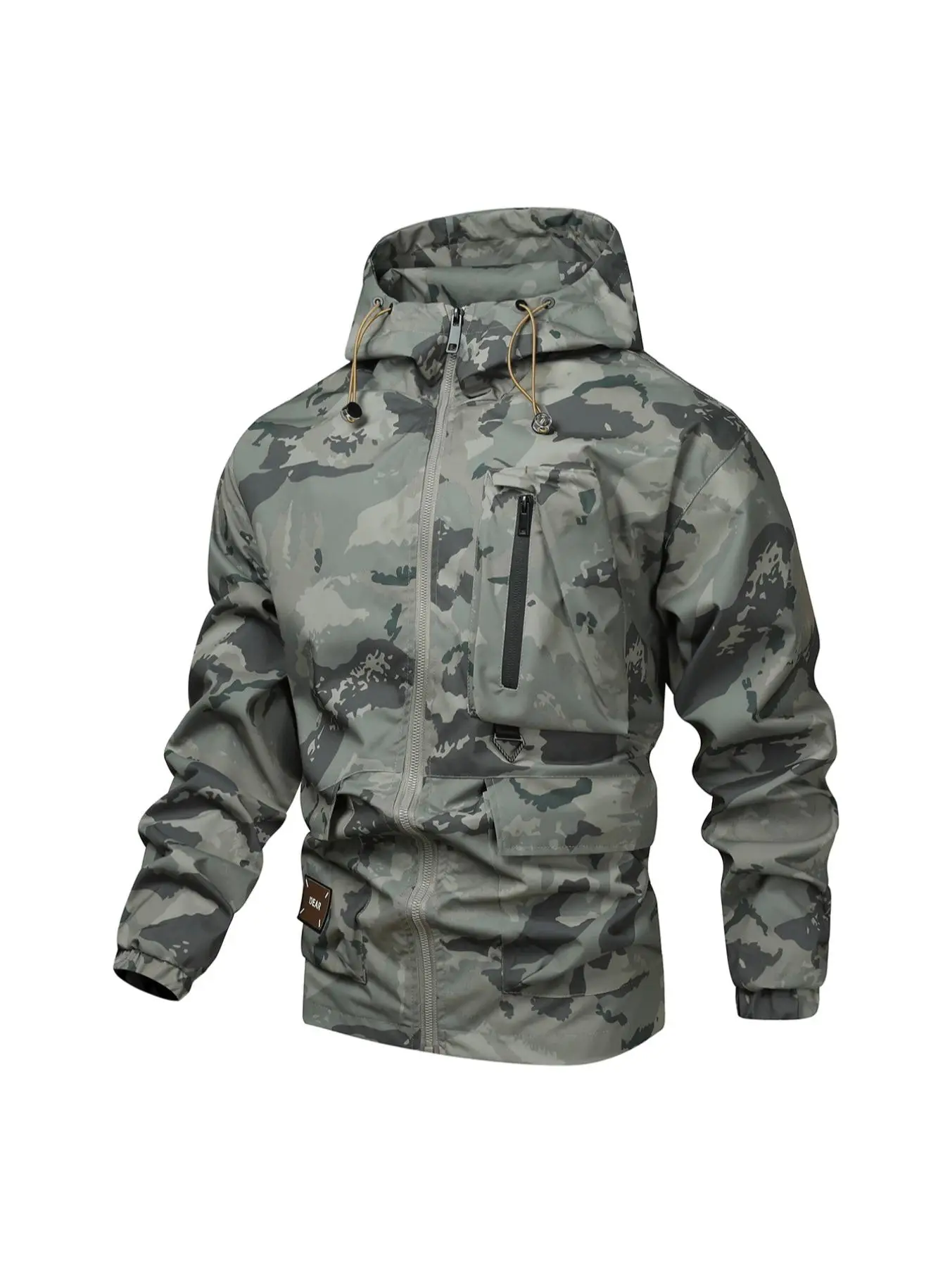 Men's Camo Print Zip Up Drawstring Hooded Jacket, Regular Fit Casual Waterproof Long Sleeve Pocket Outerwear, Men's Fall & Winter Clothes