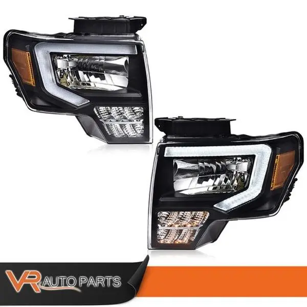LED DRL Black Headlights with Amber Corner for 2009-2014 Ford F-150