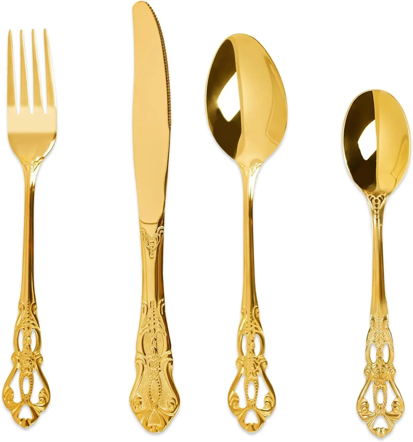 Luxury 16 Pieces Stainless Steel Flatware set, Service for 4, silver plated with gold accents, Fine Silverware set and Dishwasher Safe (Gold)