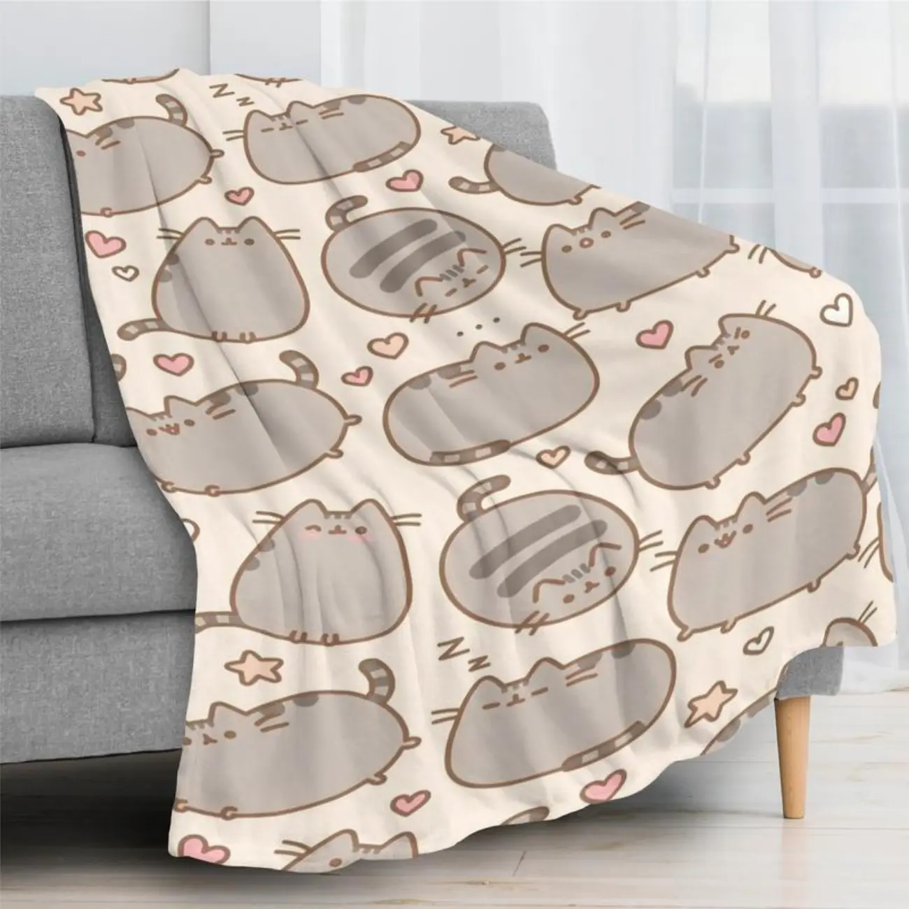 Pusheen Heart & Star Patterned Wrinkle-Resistant Flannel Blanket - Super Soft, Cozy Aesthetic, Cute Animal Graphic - Ideal Snuggling Bedding Throw for Child, Cozy Corner Use, Great Christmas Gift