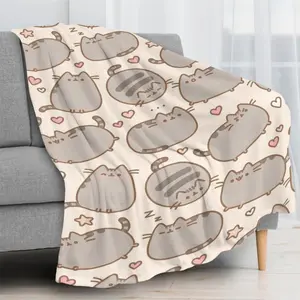 Pusheen Patterned Heart & Star Flannel Blanket Super Soft Cozy Adorable Cat Art Perfect Mother's Day Gift for Kids Ideal Snuggling Bedroom Decor Heartfelt Cute Warmth It is an excellent gift for children, family and friends