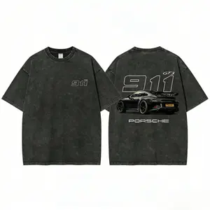 911 GT3 Racing T-shirt, unisex, washed cotton T-shirt, oversized men's top, street style crew neck T-shirt, fashionable and versatile, with clear print