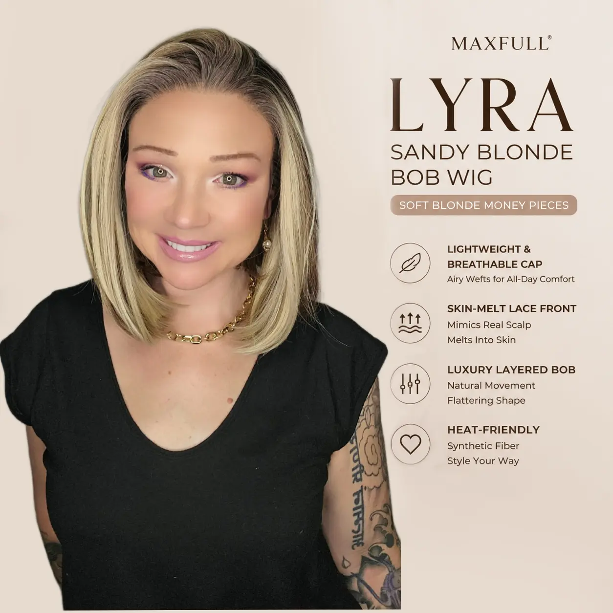 Lyra - MaxFull Dark Ash Brown Bob Wig | Platinum Blonde Chunky Highlights, Pre-Cut,13x5 Skin-Melt HD Lace Front, Free Part, Y2K Money Piece, Face-Framing Layers, Synthetic Everyday Wig, Summer Hairstyle, Glueless Wig
