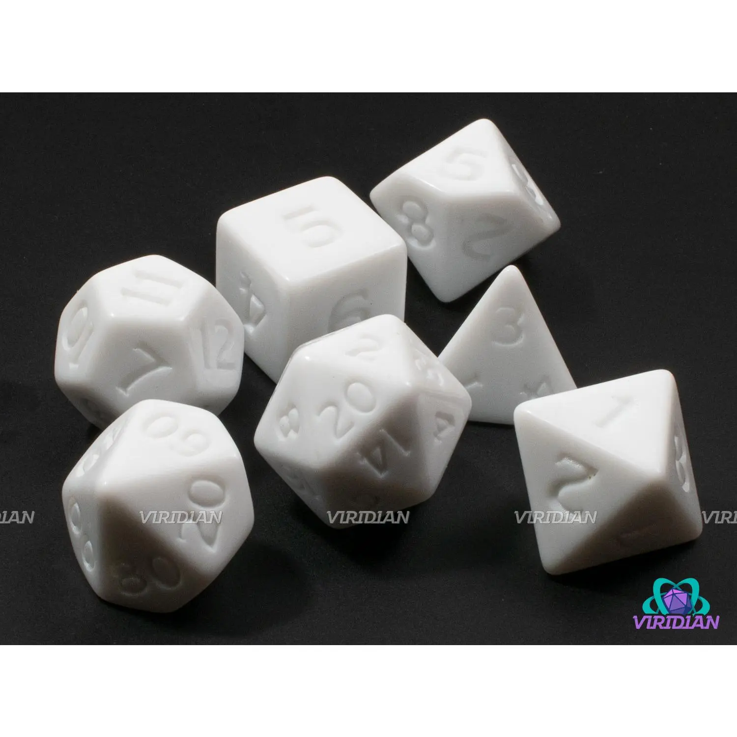 Uninked White | Opaque White, Uninked Stylized Font | Acrylic Dice Set (7)