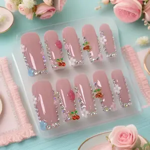 10pcs high-end Gentle and girlish style, hand-painted three-dimensional carved patterns, sparkling point diamonds handmade fake Flower Design Nails