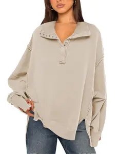 YF Solid Exposed Seam Detail Polo Neck Pullover Half Snap Placket Bubble Long Sleeve Rib Cuff Side Split Sweatshirt for Ladies Spring Autumn Minimalist Outfit