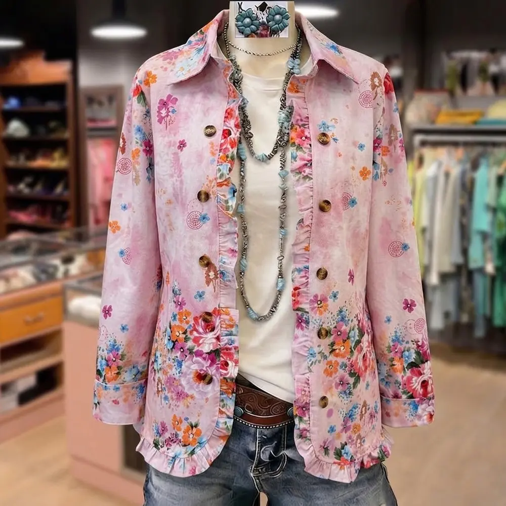 Cherrybetty Vintage Floral Print Ruffle Trim Collared Jacket  Coats Womenswear Outerwear Tops Spring Fashion Outfit Inspo Tiktok Shop Spring Glow up Loungewear summerwins
