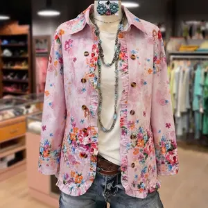 Cherrybetty Vintage Floral Print Ruffle Trim Collared Jacket  Coats Womenswear Outerwear Tops Spring Fashion Outfit Inspo Tiktok Shop Spring Glow up Loungewear summerwins