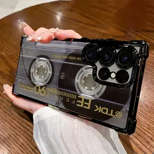 Compatible with Samsung Galaxy S23 Ultra S24 Plus S25 S22+ FE Edge Phone Case Retro Cassette Pattern Transparent Full Coverage Four Corners Anti-drop Casing