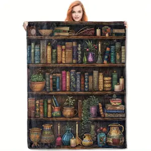 Vintage Bookshelf Blanket, Reading Fleece Throw with Antique Books and Decor, Soft Cozy Lightweight Blanket, for Book Lovers, Graduation Gift 280gsm