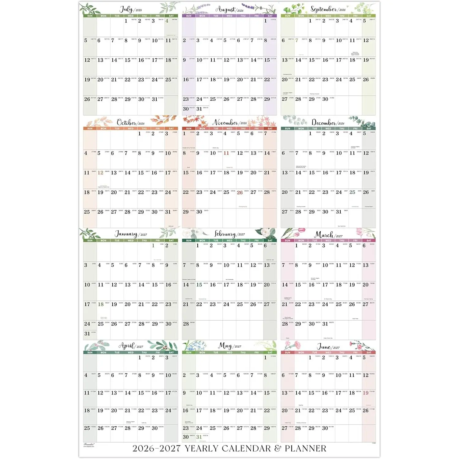 Calendar 2026-2027 - Wall Calendar 2026-2027, Yearly Wall Calendars 2027, from Jul. 2026 to Jun. 2027, 22.8" x 34.3" (Open) with Julian Date, Thick Paper, Vertical, 10 Firm Round Sticker