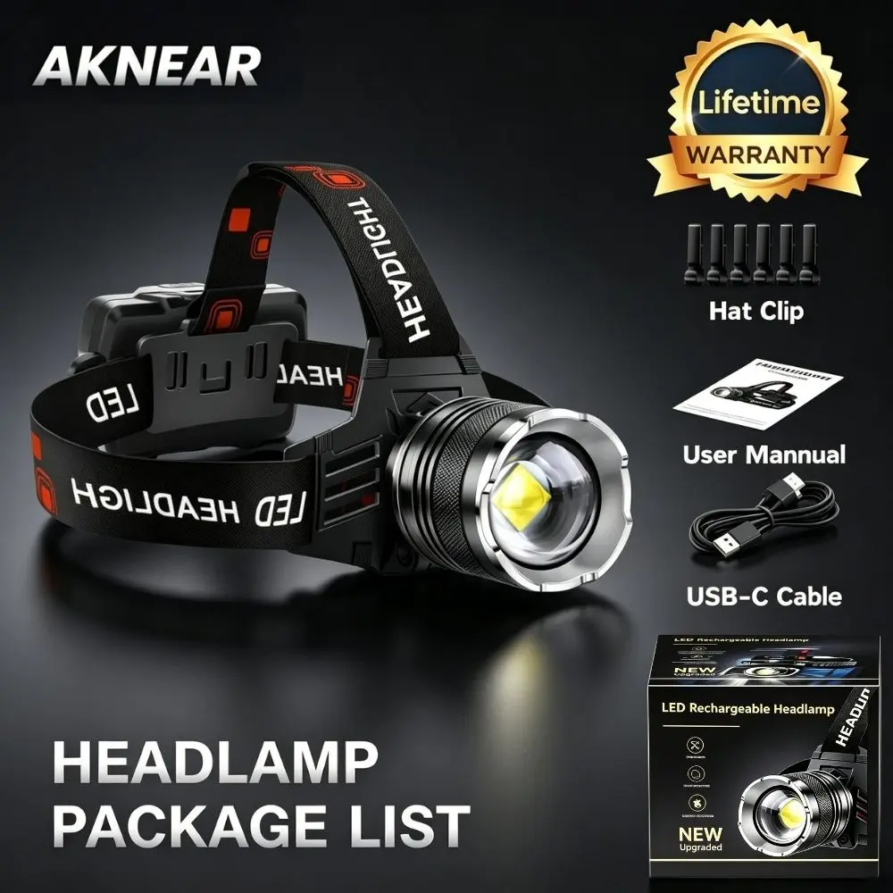 AKNEAR 200000 Lumens Rechargeable LED Headlamp, 95Hrs Runtime Zoomable IPX7 Waterproof 125° Adjustable LED Head Light for Camping Hiking Work Hard Hat