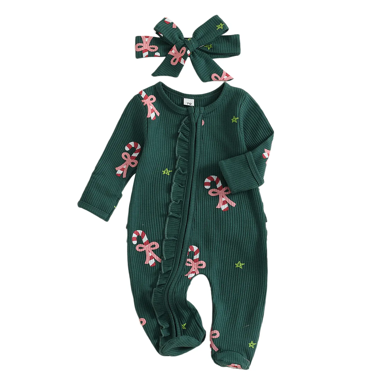 My First Christmas Outfit Baby Girl Candy Cane Footie Pajamas Romper Ruffles Long Sleeve Zipper Sleeper Xmas Jumpsuit