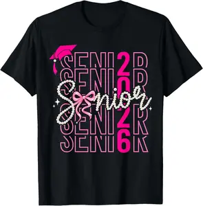 Senior Pearl Pink Bow Class of 2026 Graduation Girls T-Shirt