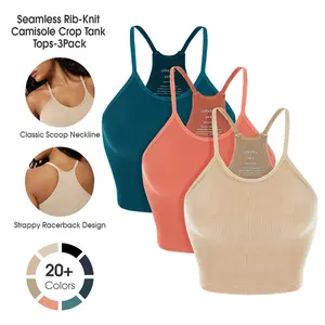 ODODOS Women's Crop 3-Pack Seamless Rib-Knit Camisole Tank Tops - Stretchy 4-Way Fabric for Yoga & Workouts - Soft Lightweight Design,No Padding