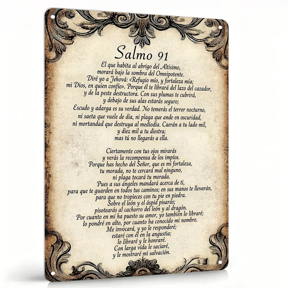 8x12 in Waterproof Lightweight Aluminium Sign - Antique Pre-Drilled 1-Piece Christianity Scrollwork Parchment Wall Plaque, Salmo 91 Spanish Psalm Prints, Catholic Faith Home Room Decorations, Housewarming Gift for Spanish Speakers, Ornaments