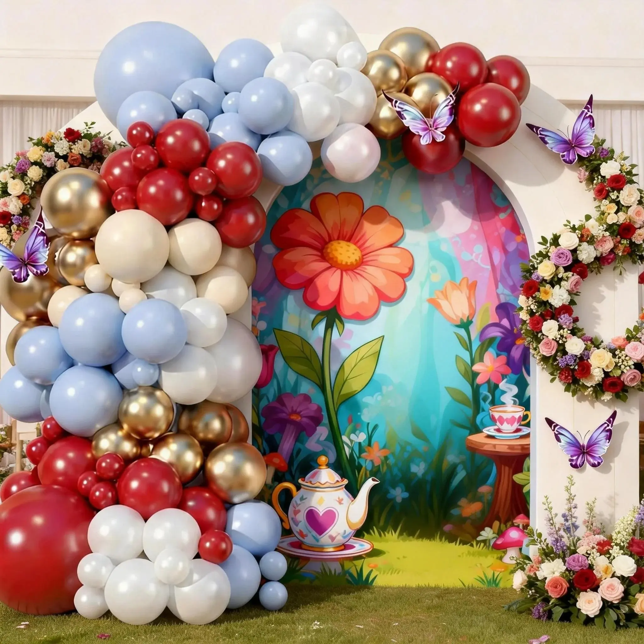 114pcs Princess Balloon Arch Kit, Wine Blue Gold Latex Balloons, Perfect for Tea Party Girl Birthday Baby Dedication Theme Decor