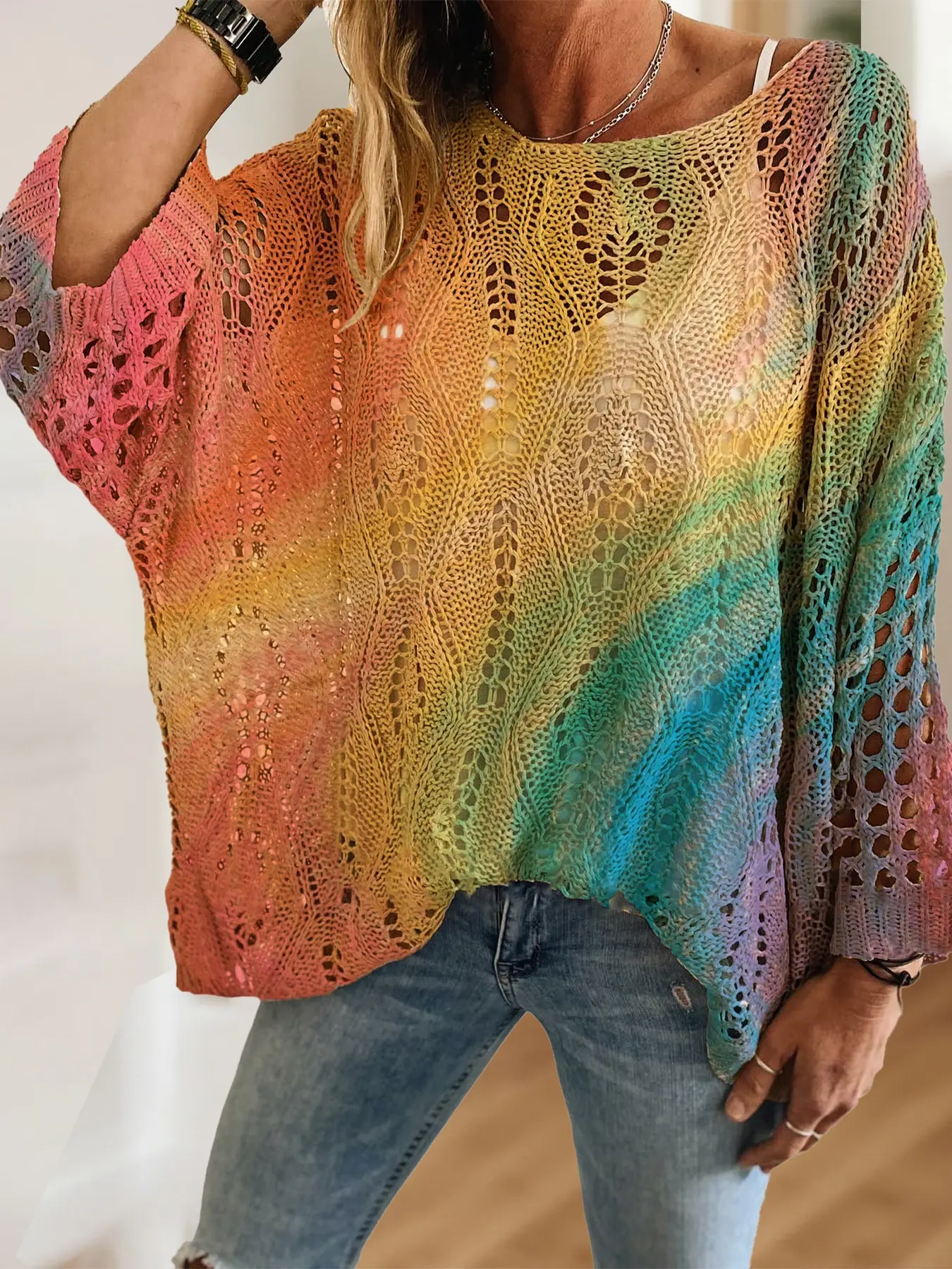 Women's Gradient Colorful Print Batwing Sleeve Long Sleeve Loose Fit Knit Top, Casual Elegant Vacation Style Aesthetic Sweater, Valentine's Day Knitwear, Womenswear, Spring Summer Fall Fashion
