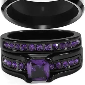 Couple Rings His Her Wedding Ring Sets Matching Rings Purple CZ Black Rings Titanium Men Ring
