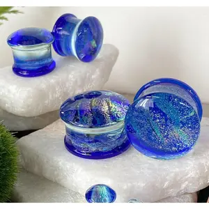 PAIR Blue & Purple Crackle Glass Plugs Double Flare Gauges Tunnels Body Jewelry